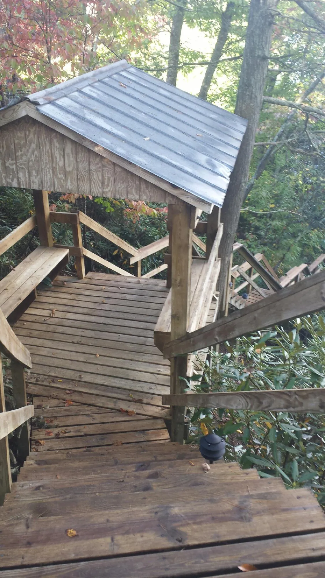 Metal roofed shelter over wooden steps on a wooded walkway — Skylight Repair & Installation work by our crew in White Pine